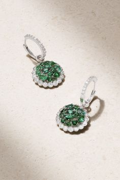 "When I wear any of my emerald jewelry, it instantly elevates my confidence and gives a boost to my serotonin levels," Valeria Johnson tells <i>PORTER</i>. Set with Gemfields Zambian emeralds, House of Meraki's 'Rania' earrings have been made in Italy from 18-karat white gold and finished with sparkling pavé diamonds. Formal Green Diamond Cluster Earrings, Luxury Green Sterling Silver Diamond Earrings, Luxury Green Diamond Earrings In Sterling Silver, Green Sterling Silver Luxury Diamond Earrings, Luxury Emerald Earrings With Prong Setting, Green Brilliant Cut Drop Earrings, Luxury Round Emerald Diamond Earrings, Green Fine Jewelry Cluster Earrings For Formal Events, Gia Certified Emerald Diamond Earrings