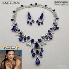 Graff Jewelry inspire Sapphire Diamond Necklace features a striking blue stone surrounded by sparkling cubic zirconia.  Designed as a statement piece, it offers a luxurious and elegant touch, perfect for bridal wear or special occasions. A heavy and eye-catching necklace, it makes a memorable wedding or anniversary gift for someone special. *𝐏𝐑𝐎𝐃𝐔𝐂𝐓 𝐃𝐄𝐓𝐀𝐈𝐋* * 𝐌𝐚𝐭𝐞𝐫𝐢𝐚𝐥: Brass * 𝐏𝐥𝐚𝐭𝐢𝐧𝐠: White Rhodium Plated * 𝐒𝐭𝐨𝐧𝐞: AAA-quality CZ Diamond & Sapphire. *𝐃𝐈𝐌𝐄𝐍𝐒𝐈𝐎𝐍𝐒* *𝐍𝐞𝐜𝐤𝐥𝐚𝐜𝐞* * 𝐖𝐞𝐢𝐠𝐡𝐭: 114 gm * 𝐃𝐫𝐨𝐩 𝐋𝐞𝐧𝐠𝐭𝐡: 7.5 Inches * 𝐖𝐢𝐝𝐭𝐡: 2.5 Inches *𝐄𝐚𝐫𝐫𝐢𝐧𝐠𝐬* * 𝐖𝐞𝐢𝐠𝐡𝐭: 14 gm each * 𝐋𝐞𝐧𝐠𝐭𝐡: 1.8 Inches * 𝐖𝐢𝐝𝐭𝐡: 0.7 Inch * 𝐂𝐥𝐨𝐬𝐮𝐫𝐞: Push Back 𝐕𝐢𝐬𝐢𝐭 𝐎𝐮𝐫 𝐅𝐀𝐐𝐬 𝐟𝐨𝐫 𝐒𝐡𝐢𝐩𝐩𝐢𝐧𝐠 𝐏𝐨𝐥𝐢𝐜𝐢 Graff Jewelry, Sapphire Diamond Necklace, Navy Blue Gown, Blue Bride, Blue Sapphire Necklace, Memorable Wedding, Necklace Blue, Sapphire Necklace, American Diamond