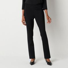 The Liz Claiborne Alexis Ponte pull-on pants offer a comfortable fit with a mid-rise and straight-leg design. This chic and easy-going pant pairs well with tunic tops and t-shirts.Front Style: Pleated FrontClosure Type: Elastic BackFit: Straight FitRise: Mid RiseFiber Content: 70% Rayon, 25% Nylon, 5% SpandexFabric Description: PonteInseam: 27 InLeg Style: Straight LegCare: Machine Wash, Tumble DryCountry of Origin: Imported Black Pants Capsule Wardrobe, Fitted Straight Pants With Pull-on Style, Business Casual Straight Dress Pants With Pull-on Style, Stretch Mid-rise Pants For Business Casual, Comfort Stretch Tapered Leg Pants For Workwear, Comfort Stretch Straight Dress Pants For Work, Comfort Stretch Tapered Leg Work Pants, Business Casual Mid-rise Stretch Pants, Elastane Tapered Leg Pull-on Dress Pants