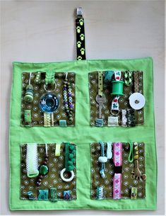 a green piece of cloth with various items on it