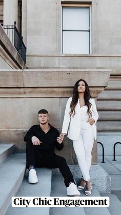 two people sitting on steps in front of a building with the caption city chic engagement