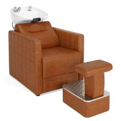 The backwash shampoo station chair showcases a classic yet modern design. Adorned with elegant checkered stitching on the armrests, it adds a stylish touch to any salon environment. The backrest and seat cushion are filled with high-density sponge, ensuring maximum comfort for clients. Crafted from high-quality faux leather, the chair is waterproof and easy to clean, making it an ideal choice for hair salons, spas, and barber shops. Color: Brown. Hair Washing Sink, Hair Wash Station, Shampoo Station, Washing Station, Black Shampoo, Salon Shampoo, Shampoo Chair, Shampoo Bowl, Shampoo Bowls