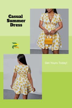 "Explore your summer style with this Short Sleeve Summer Dress. An ideal cute summer outfit and trendy outfit for women, it's your ultimate choice for stylish holiday outfit needs. This dress also makes for cute resort wear, turning heads with its breezy elegance." Knee-length Summer Short Sleeve Dress For Vacation, Summer V-neck Sundress With Short Sleeves, V-neck Lemon Print Dresses For Brunch, Yellow V-neck Sleeveless Summer Dress, Summer Clothes Collection, Lemon Print V-neck Summer Dress, Comfy Summer Outfits, Short Sleeve Summer Dresses, Summer Outfits For Moms