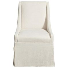 an upholstered chair with a white linen cover on the bottom and back side