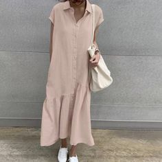 Fashion Elegant Solid Color Shirt Casual Lapel Maxi Dress Bohemian Casual Dress, Maxi Dress Outfit, Summer Sundress, Loose Fit Shirts, Short Sleeve Dress Shirt, Maxi Shirt Dress, Long Shirt Dress, Long Summer Dresses, Dress Shirts For Women