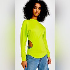 Super Edgy Cutout Sweatshirt From High End Streetwear Brand Awake Mode. Like Green With Unexpected Cutouts. Brand New With Tags Fitted Green Long Sleeve Sweatshirt, Trendy Green Top For Night Out, Trendy Yellow Long Sleeve Tops, Yellow Tops For Night Out In Fall, Yellow Tops For Fall Night Out, Trendy Yellow Tops For Night Out, Trendy Neon Crew Neck Top, Green Crew Neck Top For Night Out, Neon Trendy Tops For Spring