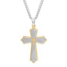 Features: Religious JewelryJewelry Closure: Lobster ClaspLink Construction: SolidShape: CrossStone: No StoneMetal Color: Two ToneChain Length: 24 InchChain Width: 3 MillimetersPendant Length: 60mmPendant Width: 35mmMetal: Stainless SteelChain Construction: CurbCare: Polishing ClothCountry of Origin: Imported Layered Crosses, The Lord's Prayer, Block Font, Stainless Steel Cross Pendant, Lord's Prayer, Jewelry Charms Pendants, Peoples Jewellers, The Lords Prayer, Mens Jewelry Necklace