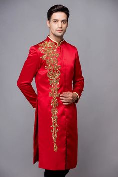 Red men ao dai with gold lace – LAHAVA Au Dai, Men Ao Dai, Kurta Men, Men's Ethnic Wear, Indian Men Fashion, Garment Cover, Modern Couple, Elegant Man, Gold Lace