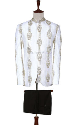 prince coat White Nehru Jacket For Groom Eid Occasion, Nikkah Prince Coat, Formal Off-white Sherwani With Intricate Embroidery, White Prince Coat For Men, Traditional Embroidered Off-white Nehru Jacket, Prince Suit, Prince Coat, Modern Groom, Suit Fashion