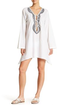 White Full Sleeved Beach Cover Up Dress with Embroidery - Hot Boho Resort & Swimwear Chic Tunic Cover-up For Beach Season, Chic V-neck Beach Party Cover-up, Chic V-neck Beach Dress For Holiday, Spring V-neck Beachwear Tunic, Bohemian White V-neck Cover-up, Chic V-neck Boho Dress For Beach Season, Embroidered Kaftan For Beach Cover-up, V-neck Kaftan For Resort Season, Embroidered V-neck Vacation Dress