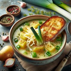 there is a bowl of soup with bread and green onions in it on the table