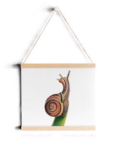 a painting hanging on a wall with a snail in it's back and its tail curled up