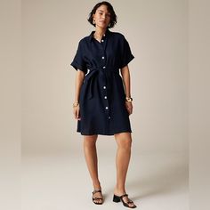 Nwt J. Crew Capitaine Shirtdress In Linen In Navy. Size Xl. Our Best-Selling Style Is Back, With A Few Modern Updates Like The Removable Tie At The Waist For A Cinched-In Silhouette And Lightweight 100 Percent Linen. 100% Linen. Button Closure. Removable Belt. Straight Silhouette. Pit To Pit Measures 27” Length 37.5” Jcrew Collection, Linen Shirt Dress, Linen Color, J Crew Dress, Jcrew Women, Madewell Dresses, Shirtdress, 100 Percent, Dress Backs