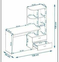 an image of a desk with drawers and measurements