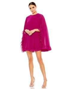 Presenting our High Neck Ruffle Hem Cape Mini Dress—a chic and elegant choice for your wardrobe. This dress features a unique cape design that adds a touch of drama. The ruffle hem brings a playful element to the ensemble, making it perfect for both formal events and nights out. Ieena for Mac Duggal Organza fabric (100% polyester) Fully lined through body; sheer unlined cape sleeves Round high neckline Long cape sleeves with ruffled trim Ruffled bottom hem Concealed back zipper Approx. 31" from Flutter Sleeve Mini Dress With Ruffles For Party, Party Mini Dress With Ruffles And Flutter Sleeves, Evening Flowy Mini Dress With Ruffle Hem, Flowy Mini Dress With Ruffle Hem For Evening, Chic Mini Dress With Cape Sleeves For Cocktails, Party Dress With Ruffled Skirt And Flutter Sleeves, Flowy Ruffle Sleeve Party Dress, Chic Mini Dress With Cape Sleeves For Party, Flowy Cape Dress For Party