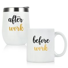 two coffee mugs with the words after work and before work printed on each one