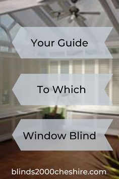 the inside of a house with two windows and a ceiling fan that reads, your guide to which window blind