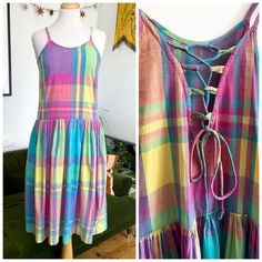 A fun and Summery rainbow Madras check sun dress super soft cotton. Nice and lightweight, ideal for hot weather! It has a dropped waist, beautiful lace up back, gathered skirt and two side pockets. Around a UK 8 to smaller 10 but please check measurements. My mannequin is a 36-26-36 and this is not pinned to fit, it is snug on her bust so you should be smaller than this. Please remember the measurements are of the garment so leave a little wiggle room!  Bust: 34" armpit to armpit and 2" below th Plaid Cotton Sundress For Vacation, Bohemian Cotton Sundress With Tie Back, Plaid Cotton Sundress For The Beach, Bohemian Multicolor Tie-back Sundress, Bohemian Cotton Plaid Dress, Natural Weave, Recycle Clothes, Gathered Skirt, Dress With Lace