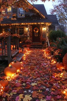 a house decorated for halloween with pumpkins and lights