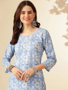 Grab this beautiful 3-piece set. The set comes with printed & embroidered kurta has v neck; 3/4th sleeves & calf length teamed with printed bottom and a chanderi cotton dupatta. Color - Light Blue Kurta Fabric-Viscose Pant Fabric-Viscose Dupatta Fabric - Chanderi Cotton Neck-V Neck Sleeves-3/4th Sleeves Work - Print & Embroidery Detailing Washing Instructions-Dry Clean Model Height - 5.5 wearing size small. DISCLAIMER - The color of the product may be differ due to screen settings of device. A misprint here and a color drop slip there is the beauty of printing which is not treated as a defect. Formal Jewelry, Cotton Dupatta, Churidar, Suit Set, Fabric Shop, Formal Wedding, Casual Party, Trouser Pants, Cotton Silk