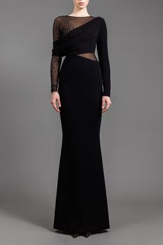 Asymmetrical neckline crepe dress with crystals – HerTrove Long Sleeve Dresses For Wedding Guest, Jean Louis Sabaji, Mermaid Long Dress, Dress With Crystals, Draping Dress, Crystal Embroidery, Trumpet Dress, Black Mermaid, Midi Dress Style