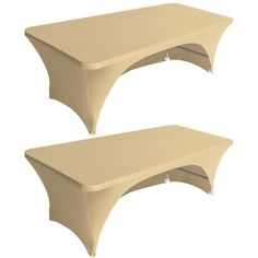 two tables that are sitting next to each other on a white background, one is beige and the other is tan