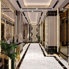 an elegant hallway with marble floors and gold trimmings on the walls, surrounded by plants