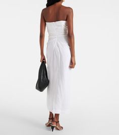 Bridal Sabella linen maxi dress in white - Tove | Mytheresa Beach Linen Dress With Ruched Detail, Beach Linen Ruched Dress, Ruched Linen Dresses For Vacation, Vacation Linen Ruched Dress, Vacation Linen Dress With Ruched Detail, Chic Linen Maxi Dress For Day Out, Chic White Linen Maxi Dress, Chic Evening Linen Maxi Dress, Fitted Linen Maxi Dress For Evening