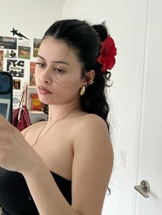 hairstyle inspo, curly hair, dark hair, black hairstyles, red flowers, accessories, simple makeup, clean girl aesthetic, Red Flower Hairstyles, Simple Flower Hairstyles, Side Flower Hairstyles, Hairstyle With Rose Flower, Curly Hairstyles Flowers, Curly Hairstyles With Flowers, Flower In Curly Hair, Flower In Hair Hairstyles, Rose In Hair Hairstyles