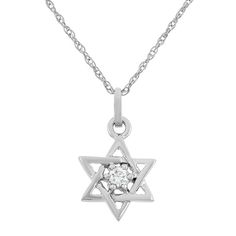 "Faithfully display your beliefs wearing this diamond necklace. A round-cut diamond set in a Star of David pendant makes this 10k white gold necklace eye-catching. Comes in a gift box.PENDANT DETAILS Pendant length: .68 in. Chain length: 18 in. Clasp: spring-ring Metal: 10k white gold DIAMOND DETAILS Total weight: less than 1/10 ct. Cut: round Color grade: H-I Clarity: I1-I2 Setting: prong Image(s) may be enlarged to show detail.Diamond weights are approximate. Diamond total weights may vary bet Diamond Photography, Gold Star Pendant, Diamond Star Necklace, Jewish Jewelry, Star Of David Pendant, White Gold Necklace, Star Pendant Necklace, White Gold Necklaces, Diamond Star