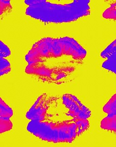 multiple images of lips on yellow background with red and blue colors in the middle,