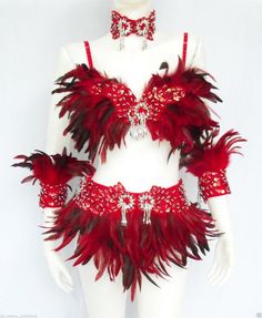 a woman's red and white costume with feathers on the chest, headpieces and bra