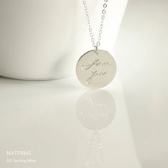 "Handwriting Necklace, Custom Handwriting Jewelry, Memorial Signature Necklace, Custom Disc Necklace, Actual Handwriting Necklace Your necklace will be made with the clearest engraving that will be in the actual penmanship style of the person (how each letter was written) on a beautifully polished bar. Just attach a clear image via an Etsy conversation once you placed the order. It's reversible so you can personalize the front and back to wear either side! If you want to cherish someone's handwr Inspirational Jewelry For Anniversary And Mother's Day, Inspirational Jewelry For Mother's Day Anniversary, Inspirational Silver Necklace Gift, Inspirational Silver Necklace Gift Idea, Minimalist Silver Jewelry With Engraving Option, Silver Name Necklace With Engraved Text For Gift, Personalized Silver Jewelry With Engraving Option, Inspirational Silver Jewelry With Customizable Engraving, Sterling Silver Initial Pendant With Engraving Option