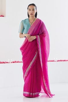 Deep pink saree in handwoven organza mulberry silk fabric with floral jamdani patterns and striped border. - Aza Fashions Pink Pre-draped Saree For Reception With Zari Weaving, Pink Cotton Silk Pre-draped Saree For Reception, Pink Pre-draped Saree With Zari Weaving For Reception, Pink Slub Silk Pre-draped Saree For Designer Wear, Pink Cotton Silk Pre-draped Saree For Wedding, Pink Organza Dupatta With Zari Weaving, Pink Cotton Silk Saree With Sheer Dupatta, Handloom Organza Saree For Diwali, Pink Handloom Pre-draped Saree In Tissue Silk