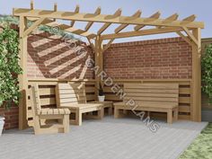 a wooden bench sitting under a pergoline covered patio with brick walls and potted plants