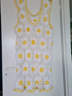 "Handmade crochet daisy flowers long top/ mini dress for summertime. Length 43\"/ 110cm, width 22\"/108 cm" Spring Crochet Trim Beach Cover-up Dress, Spring Crochet Lace Dress For Beach Cover-up, Spring Crochet Beach Dress With Crochet Trim, Spring Crochet Trim Dress For Beach Cover-up, Casual Mini Length Crochet Top For Spring, Mini Crochet Lace Top For Vacation, Crochet Lace Mini Top For Vacation, Mini Crochet Lace Dress For Spring, Spring Mini Crochet Lace Dress