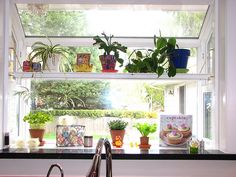 a kitchen window filled with potted plants next to a sink under a faucet