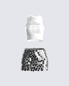 Make your mark in this eye-catching 2 piece set 🌟 Featuring a white rhinestone graphic cropped top, and a dazzling silver sequin mini skirt - this fit is the sassy moment we all live for 🤩 Sequin Mini Skirt, The Baddest, Rhinestone Top, High Maintenance, Sequin Mini Skirts, Looks Street Style, Silver Sequin, Kpop Outfits, Stage Outfits