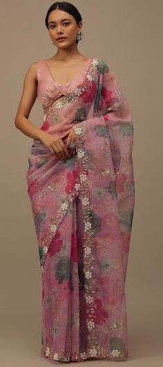 Pink and Majenta color Saree in Organza Silk fabric with Cut Dana, Embroidered, Floral, Printed, Thread work Pink Color Saree, Pink Organza Saree, Baby Pink Saree, Peach Saree, Floral Print Sarees, Floral Saree, Kalki Fashion, Organza Silk Saree, Simple Sarees