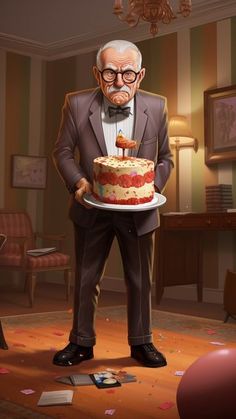 an old man in a suit holding a cake