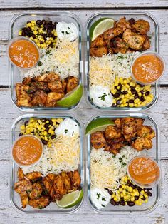 four plastic containers filled with different types of food