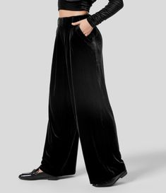 Women’s High Waisted Plicated Side Pocket Wide Leg Velvet Casual Pants - Halara Stacked Sweatpants, Bleach Wash, Bottom Clothes, Side Pocket, Wide Leg Trousers, Jogger Pants, Bottoms Pants, Black Pants, Casual Pants