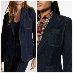 This Single-Breasted Blazer Is Made With Lightweight Stretch Denim And Treated For A Dark Wash. Denim 99% Cotton 1% Elastane Tailored Denim Outerwear With Notch Lapel, Tailored Denim Notch Lapel Outerwear, Tailored Denim Blazer With Pockets, Tailored Denim Blazer, Classic Denim Blazer With Pockets, Classic Notch Lapel Denim Jacket, Classic Denim Jacket With Notch Lapel, Tailored Denim Jacket With Notch Lapel And Pockets, Workwear Denim Jacket With Notch Lapel And Welt Pockets