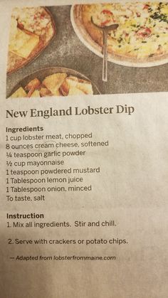 a menu listing new england lobster dip