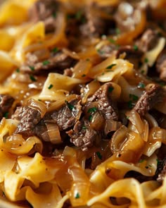 pasta with beef and onions in a white bowl