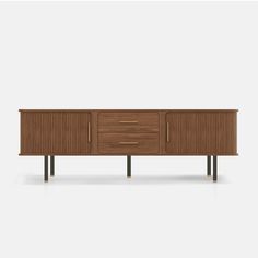 the sideboard is made from wood and has two brass pulls on each side, along with black legs