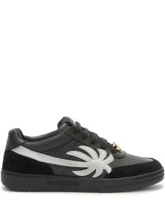 black leather palm tree motif logo-print tongue gold-tone logo plaque branded heel counter perforated detailing front lace-up fastening round toe flat sole Beach University, Palm Angels, Sneakers Black, Leather Sneakers, Palm Tree, Palm Beach, Logo Print, Shoes Sneakers, Black Leather