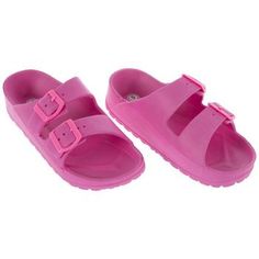 Size: Women’s 6 Material: Plastic Color: Hot Pink Care & Safety: Waterproof UPC: 197712123599 Quantity: 1 Pair Walk though flower fields in comfortable style by wearing these Double Strap Buckle Slide Sandals. These sandals feature contoured soles to follow the shape of your feet. There are two straps with buckles so you can make sure they fit comfortably. Slip these sandals on and experience the sweet sights of spring! Spring Jelly Sandals With Buckle Closure, Pink Open Toe Sandals For Swimming, Comfortable Jelly Sandals For Spring, Casual Jelly Sandals For Swimming In Spring, Comfortable Eva Jelly Sandals For Spring, Pink Round Toe Slides For Summer, Casual Jelly Sandals For Spring, Outdoor Summer Slides For Spring, Summer Slides For Outdoor Spring Activities