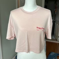 Excellent Condition!! Never Worn!! Missguided Pale Pink Sleepy Head Cropped Tee Shirt; Approximately 16” Long (From Top Of Shoulder To Bottom Hem); 96% Viscose, 4% Elastane; Size 4 Casual Cotton Sleep Shirt, Cute Short Sleeve Tops For Loungewear, Fitted Tops For Sleep In Spring, Pink Relaxed Fit Sleep Tops, Trendy Short Sleeve Sleep Tops, Short Sleeve Cotton Sleep Top, Relaxed Fit Short Sleeve Sleep Top, Casual Short Sleeve Sleep Tops, Casual Stretch Sleep Tops