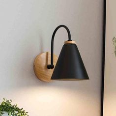 a black and wooden wall light next to a potted plant on a table in a room